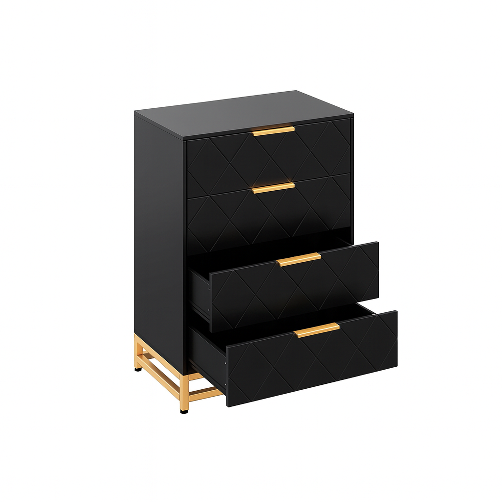 Modern white dresser with 4 drawers, gold metal base and handles, contemporary bedroom storage cabinet with geometric front design